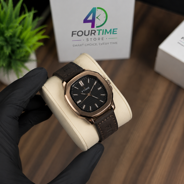 FTME Premium Men’s Watch | Rose Gold Black Dial | Leather Strap