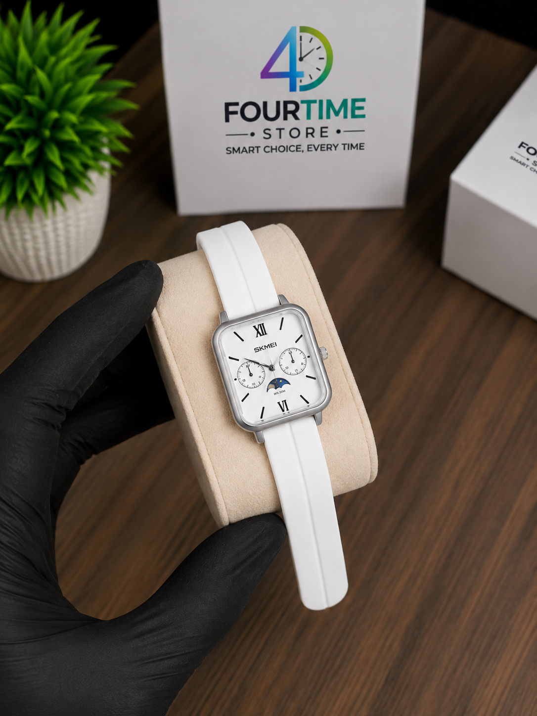 SKMEI White Square Quartz Watch with Moon Phase Dial